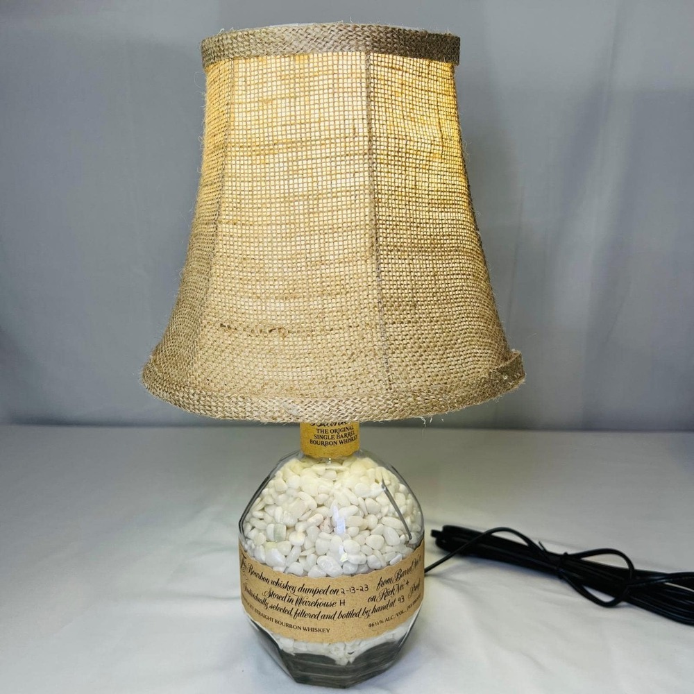 Blantons Bourbon Bottle Lamp Custom White Stone Fill Burlap Shade Rustic Decor